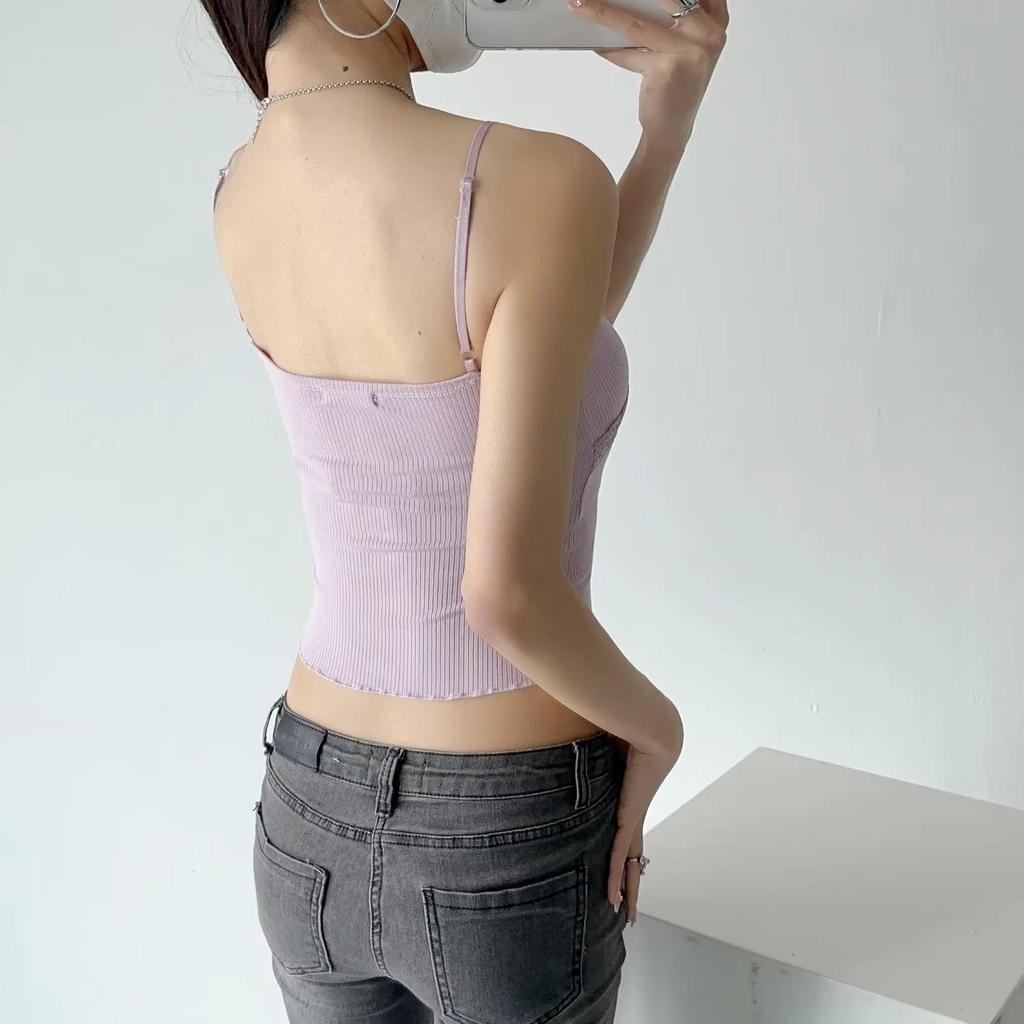 Summer 2023 Lace Trim V-Neck Stretchy Bodycon Camisole Tank Top for Women