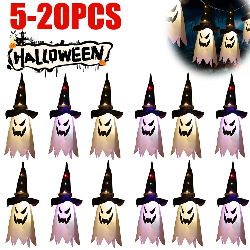 5-20PCS Halloween LED Flashing Light Hanging Ghost Halloween Party Dress Up Glowing Wizard Hat Lamp Horror Props Home Bar Decor