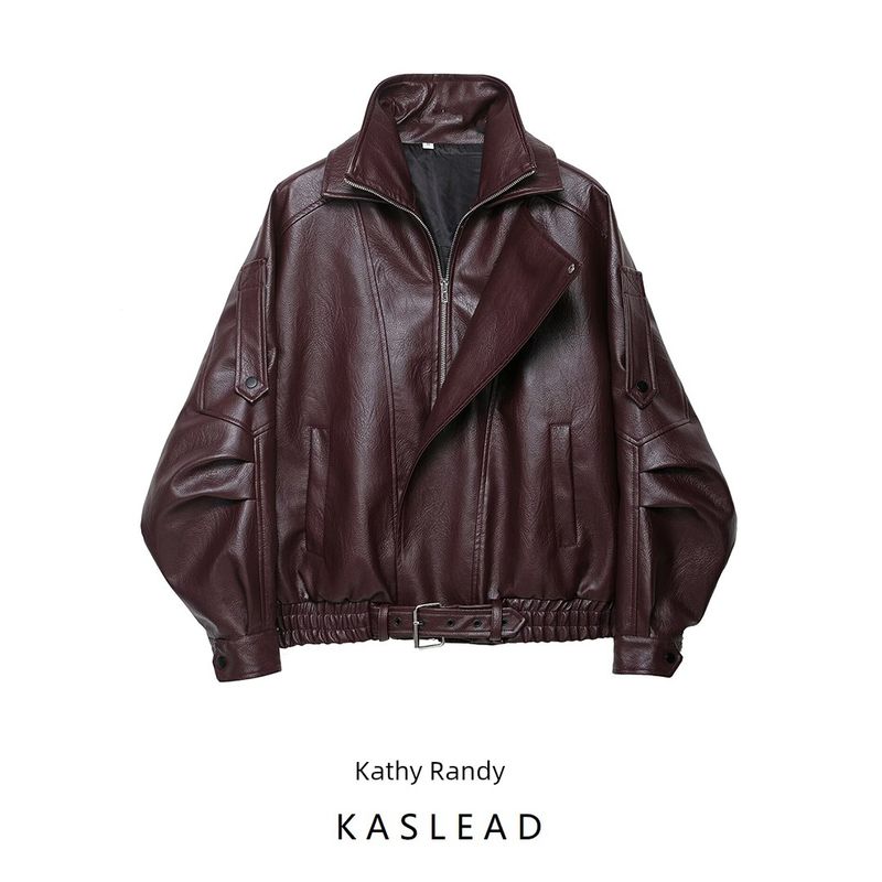 Kaslead New Women clothes Western Style Brown Leather Clothing Heavy Industry Sleeve Profile Short Locomotive Jacket