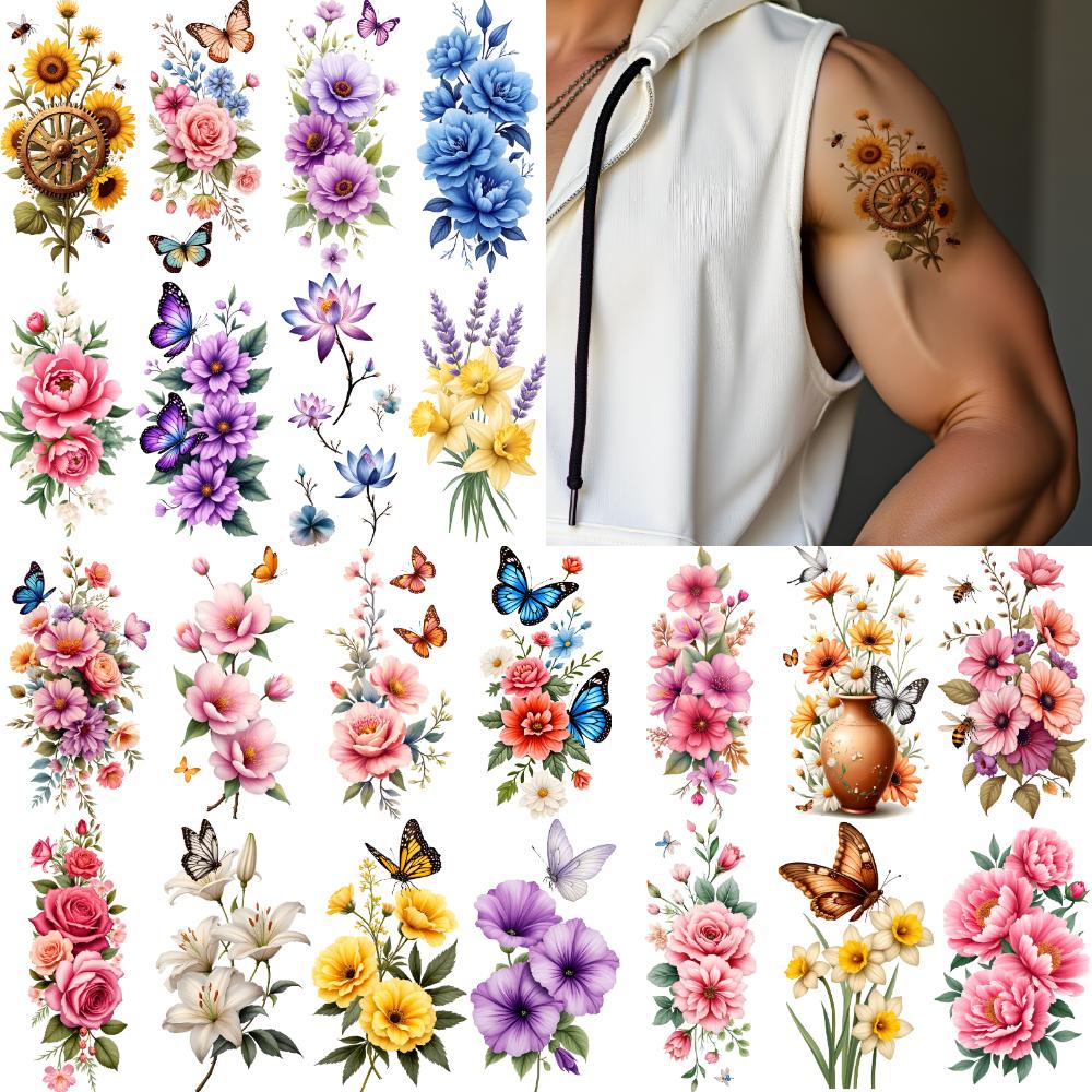 12pcs Temporary Tattoo Butterfly Design Waterproof Long-lasting Body Stickers Flower Illustrations Floral Patterns For Thighs