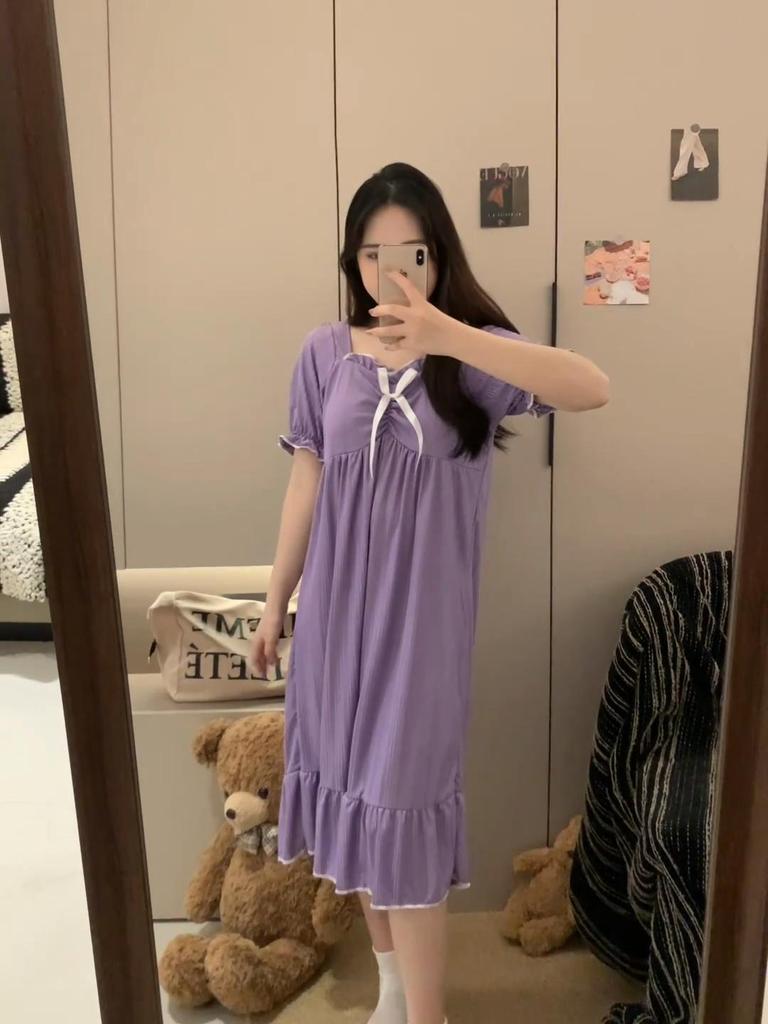 Women Short Sleeve Nightgowns With Chest Pads Female Summer Solid Homewear Young Girl Sweet Nightdress Casual Loose Loungewear