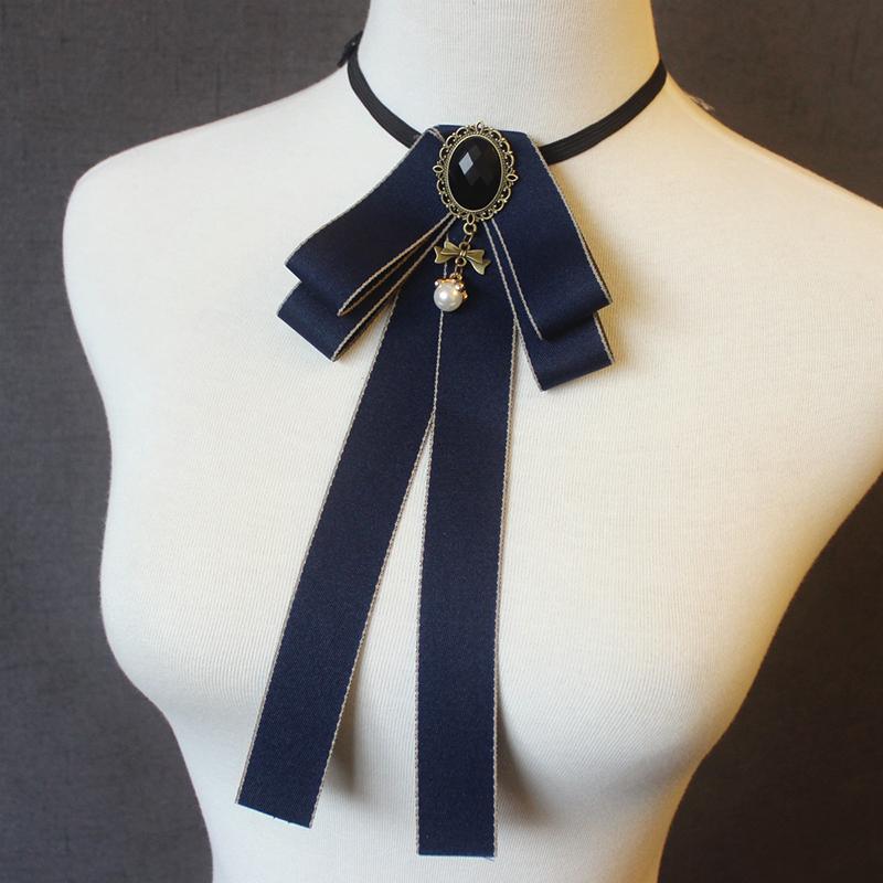 Ribbon Bow Tie Ladies Unisex Crystal Pearl Brooches For Women Corsage Necktie Pin Suits Clothing Collar Accessories