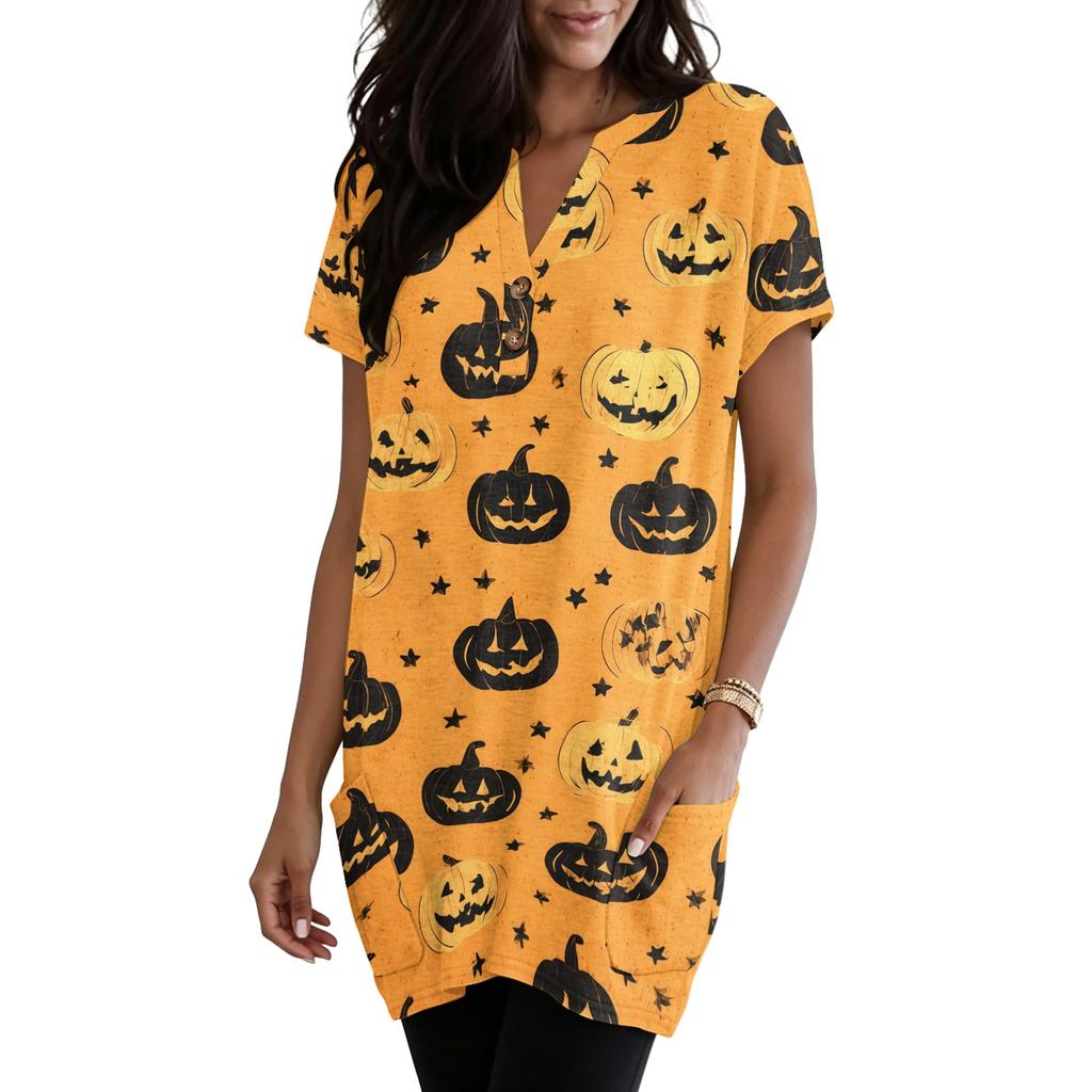 Women V Neck Halloween Print Short Sleeve Pullover Top with Pocket Loose Fit Web Pumpkin Design Tunic Shirt Blouse