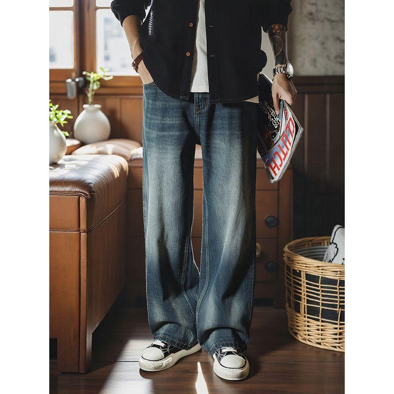 American Retro Heavy-Duty Washed Vintage Wide-Leg Jeans for Men, Spring and Autumn Pants, Foreign Trade Men's Loose Casual Long Pants
