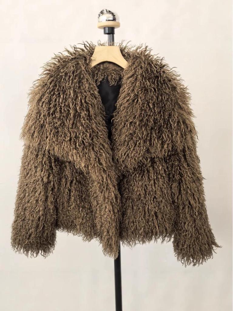 Damen Winter Kunstpelzmantel mit großem Revers - Imitation Waschbärfell