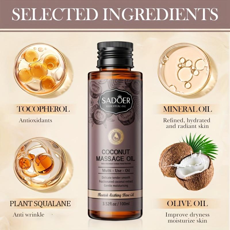 Ulei de Masaj cu Nucă de Cocos SADOER 100ml, Ulei de Bază Hidratant Hipoalergenic, Unisex-Adult, Parfum de Nucă de Cocos, pentru Calmarea Pielii Uscate și Netezirea Ridurilor