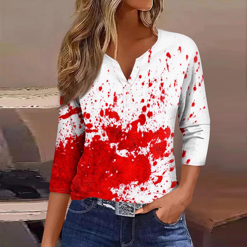 Damesmode Casual Halloween Print V-hals Korte Mouw Decoratieve Knop Driekwart Mouw T-shirt Top