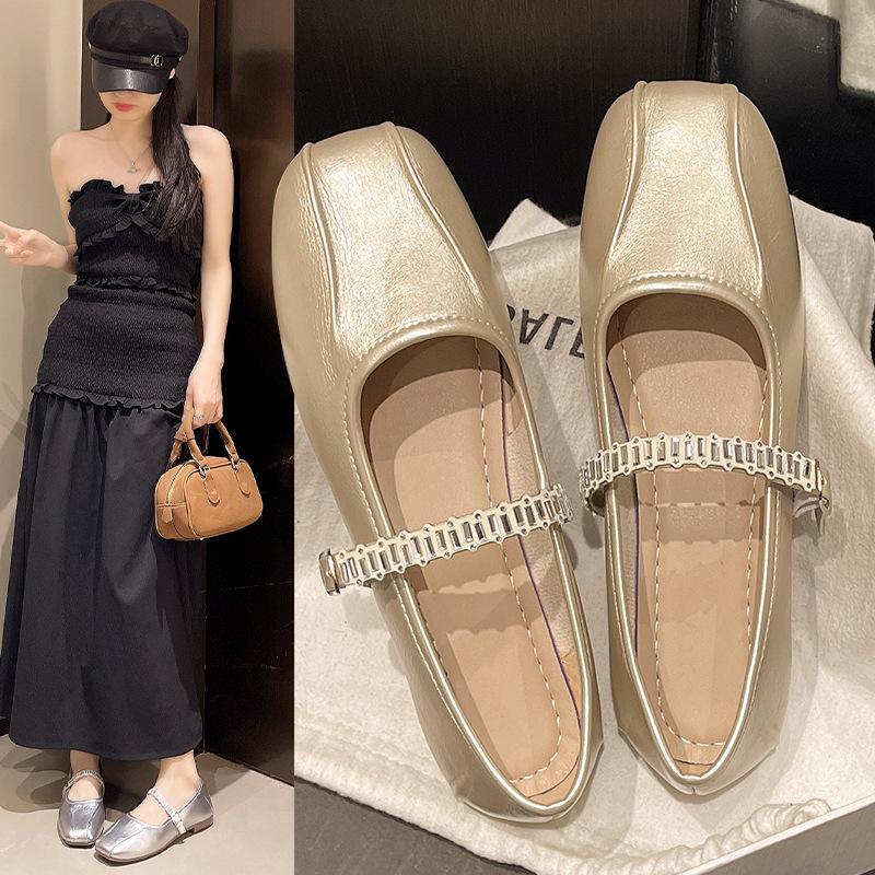 French rhinestone flat Mary Jane shoes women's summer and autumn new square head shallow mouth single shoes women's beanie shoes