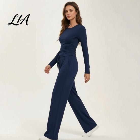 Breathable Matching Sets Women Top Pants Set for Spring Fall, Slim Fit Crewneck Sweatshirt, Everyday Wear Suit Elastic Waist Loose Wide