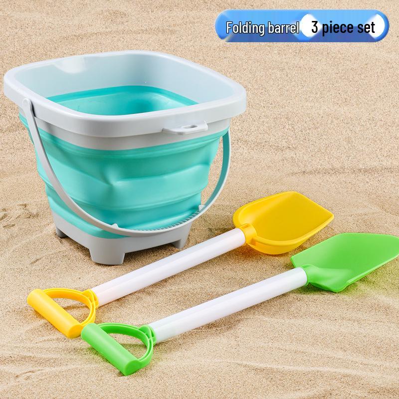 Cross-border Kid's Beach Toy Set: Folding Bucket, Shovel, Sand Tools & Sandglass Accessories