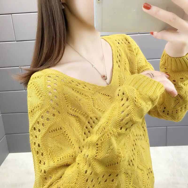 Plus Size Hollow-out Knit Women's Pullover Spring and Autumn V-neck Top Loose Outer Sweater