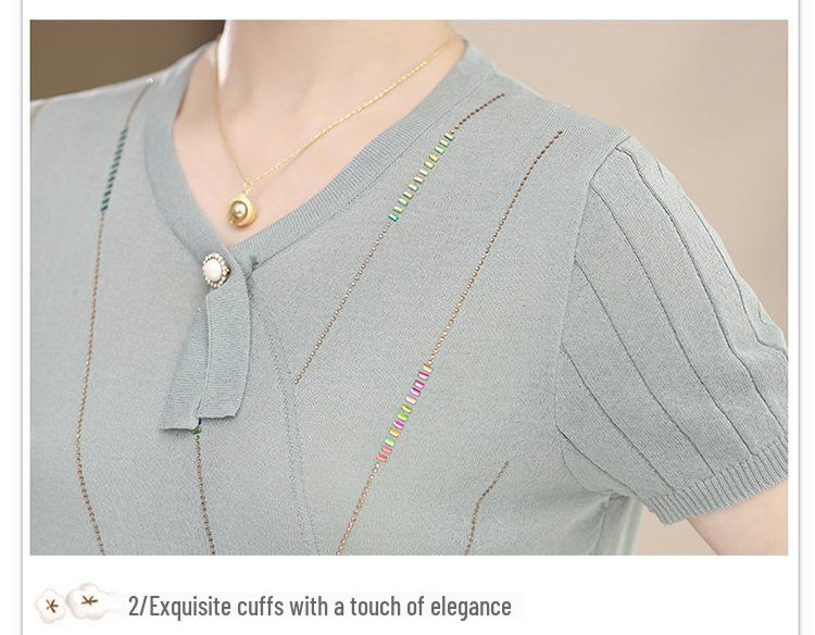 Mom's Summer Ice Silk Knit Top - Short Sleeve, Small Size for Women Aged 40-50