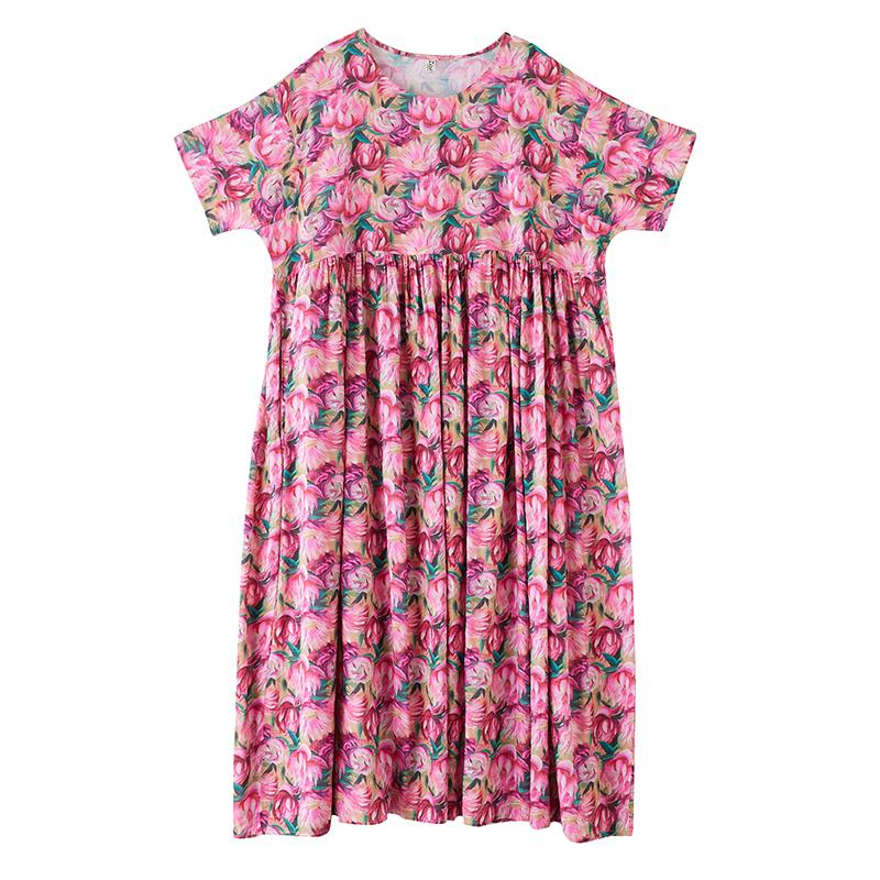 DIMANAF 2025 Sommer Übergröße Kleid Damen Vintage Floral Lässig Locker Basic Druck O-Ausschnitt Kleid Maxi