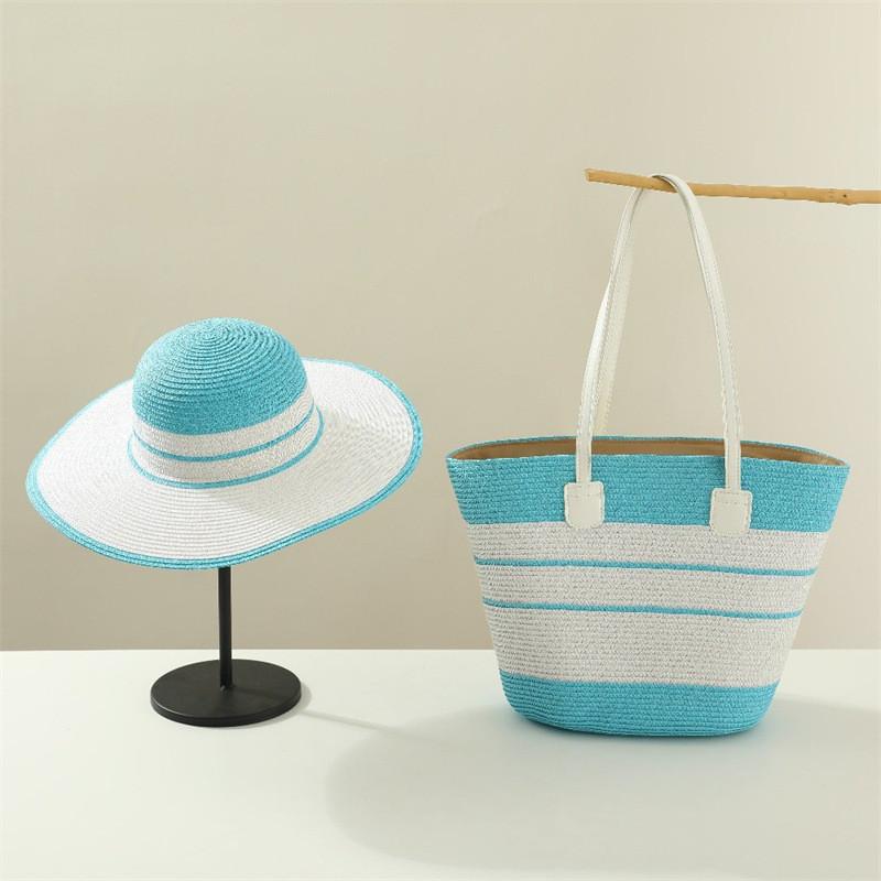 Woven Sun Hat And Large Capacity Straw Tote With Striped Pattern For Travel And Casual Wear