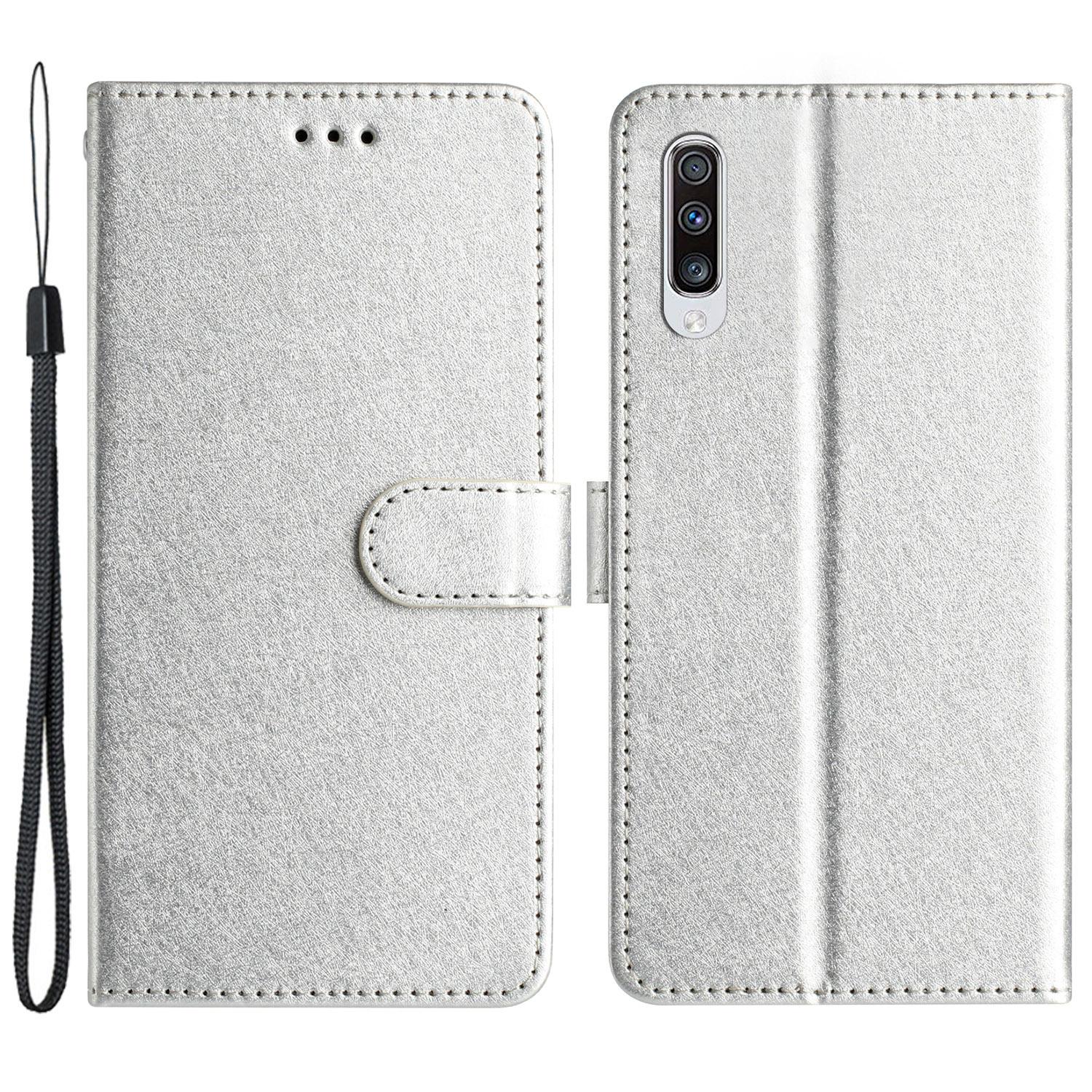 

Silk Texture Shell for Samsung Galaxy A50/A50s/A30s Phone Stand Cover Leather Wallet Case with Hand Strap Silver