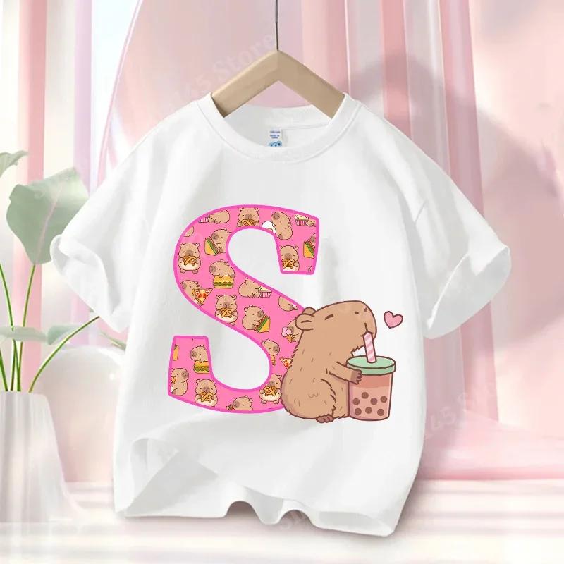 Sommer Capybara Anime Brief Niedlich Bedruckt Kinder T-Shirt Mädchen Kurzarm Mode Oberteile Kinderkleidung Lässige T-Shirts