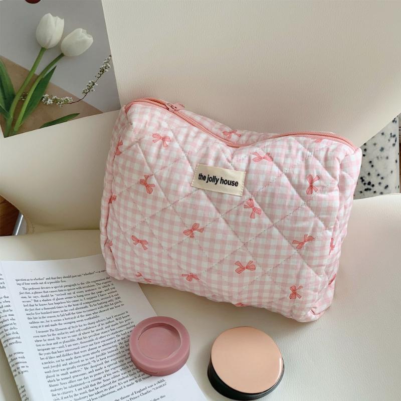 Cute Bow Cotton Makeup Bag Women Zipper Cosmetic Organizer Female Cloth Box Shape Portable Toiletry Case for Girls