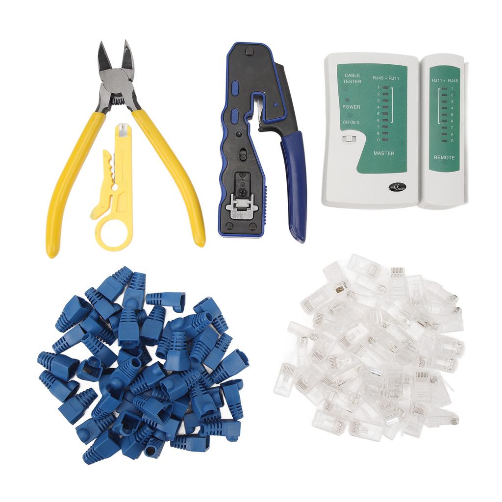 Netzwerkkabeltester RJ45 Crimpzange Crimpwerkzeug-Kit Abisolierwerkzeug mit 50 Stück Pass-Through
