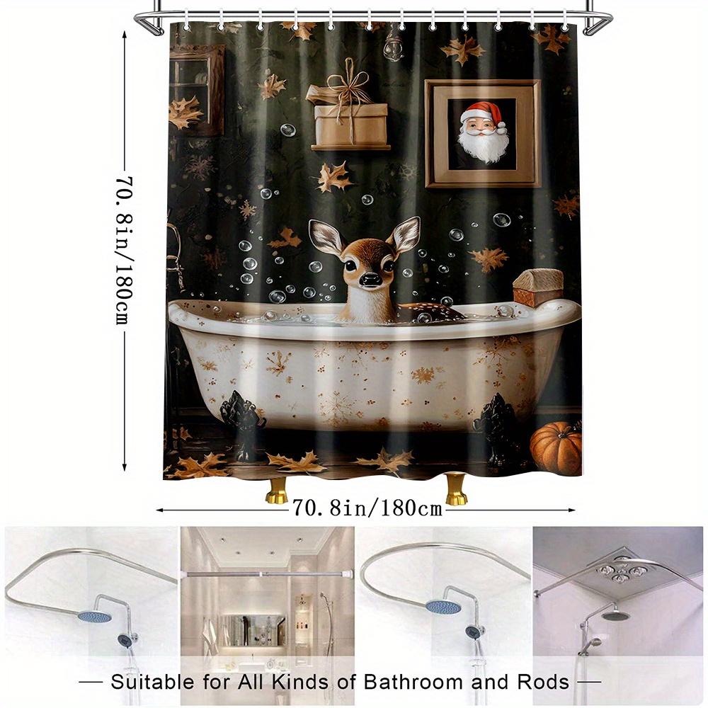 1pc Enchanting Deer in Bathtub Shower Curtain with Santa Picture, Cozy Fall Leaves & Gifts Design - Boho Christmas Theme Bathroo