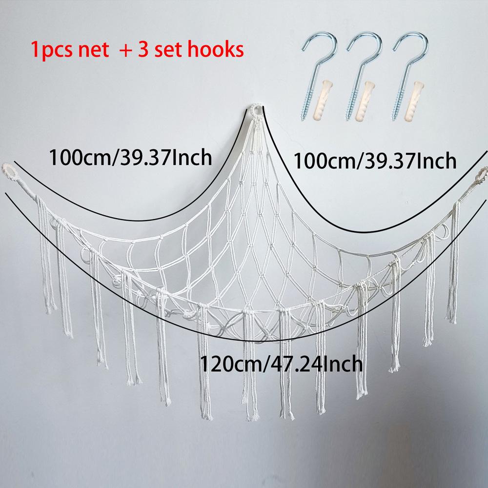 Corner Hanging Woven Cotton Rope Toy Storage Net with Tassels
