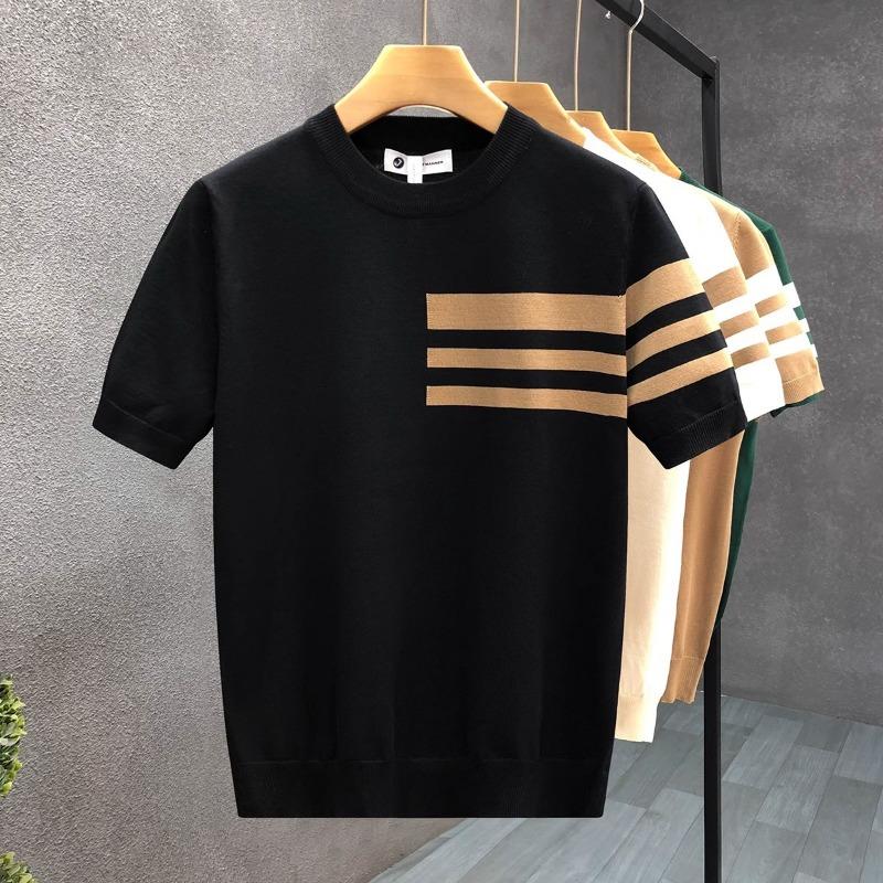 Summer new short-sleeved sweater men's striped simple business light mature slim ice silk T-shirt