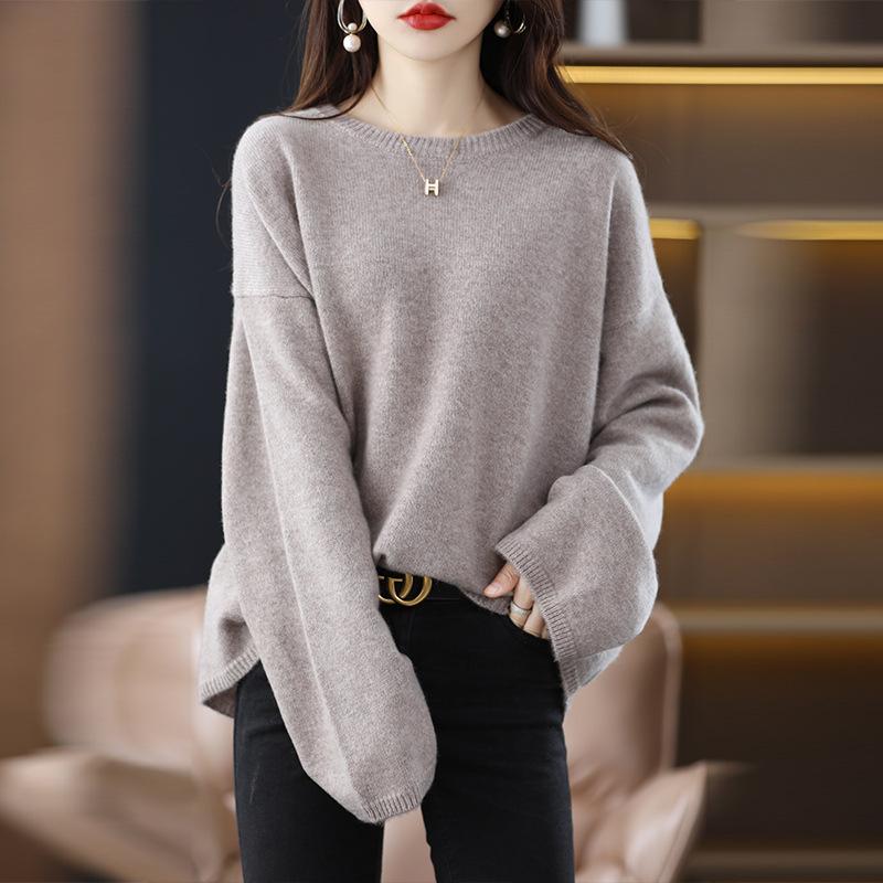 Lazy Casual Temperament Crew Neck Sweater Women's Autumn and Winter New Solid Color Loose Pullover Bottoming Knitted Sweater