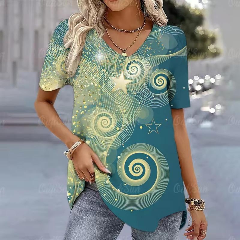 Weihnachtsthema 3D-Druck Damen T-Shirts Kurzarm Tees Fröhlich Lustig Mode Damenbekleidung V-Ausschnitt Übergroße Pullover T-Shirts
