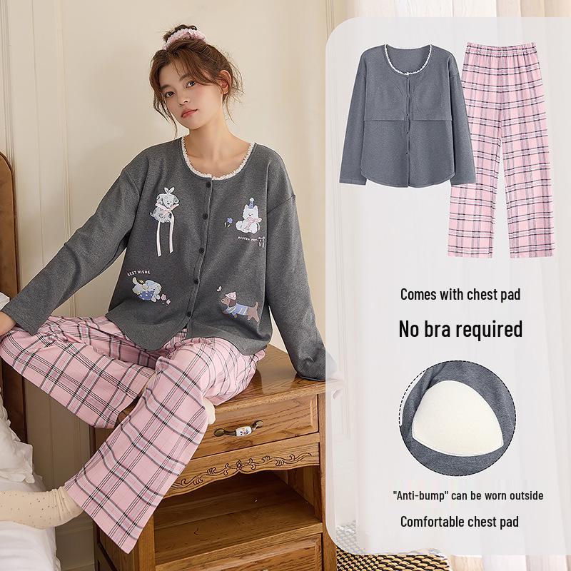 

Женский хлопковый пижамный комплект с длинными рукавами и нагрудными вкладышами - Корейский стиль, Повседневный, Готов для улицы, Весенне-осенняя одежда XL