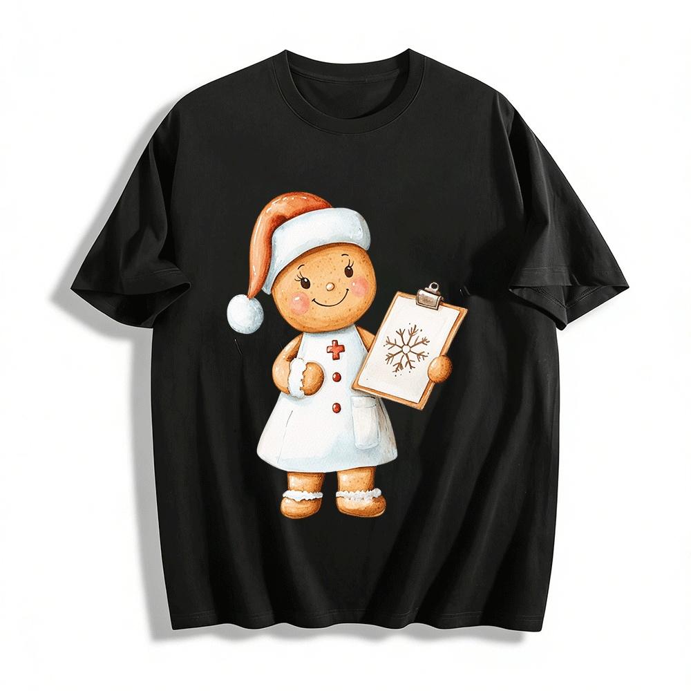 Christmas Gingerbread Nurse Print Casual Top Pure cotton T-shirt XXS