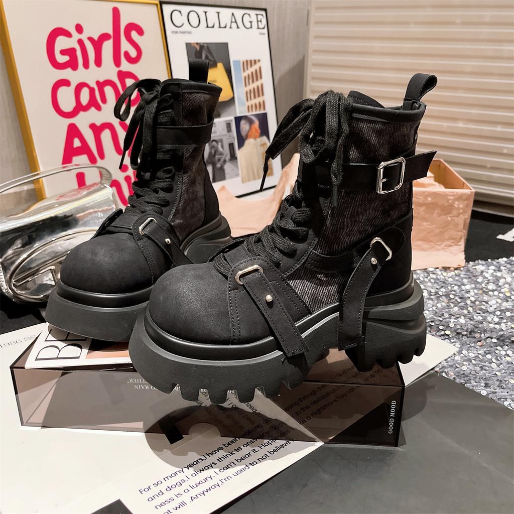 Martin Boots Damen ins super hot großer Kopf Denim Gürtelschnalle handsome kurze Stiefel dicksohlige Muffin Lokomotivstiefel Rhabarberstiefel