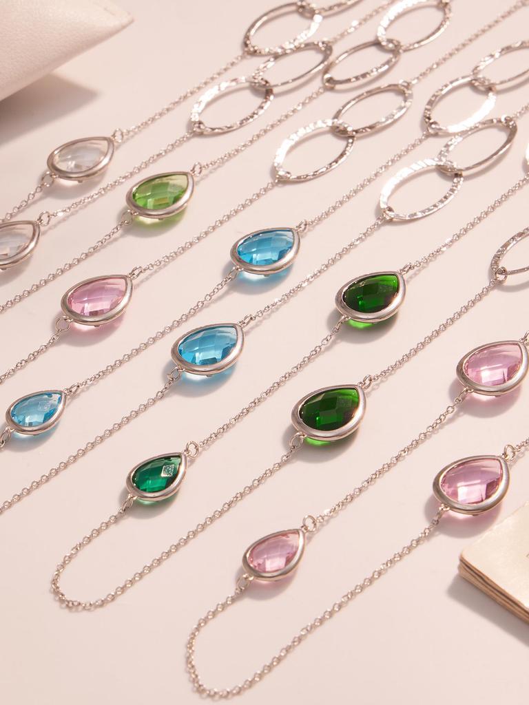 European & American Water Drop Glass Stone Long Sweater Necklace with Hollow Round Ring in Non-Fading Titanium Steel