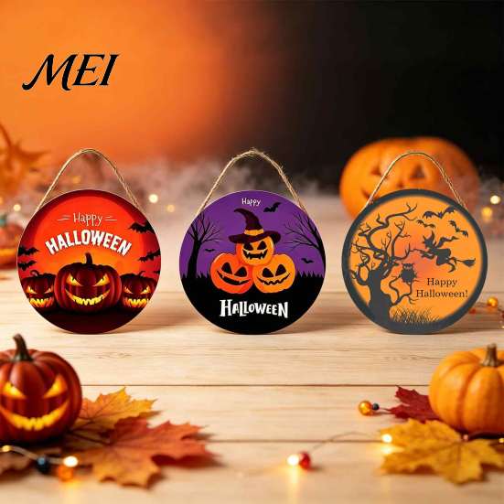Decorative Round Hanging Sign Halloween Wall Pendant, with Pumpkin And Witch Silhouette, Wooden Retro Style Seasonal Door Ornament Sign, for