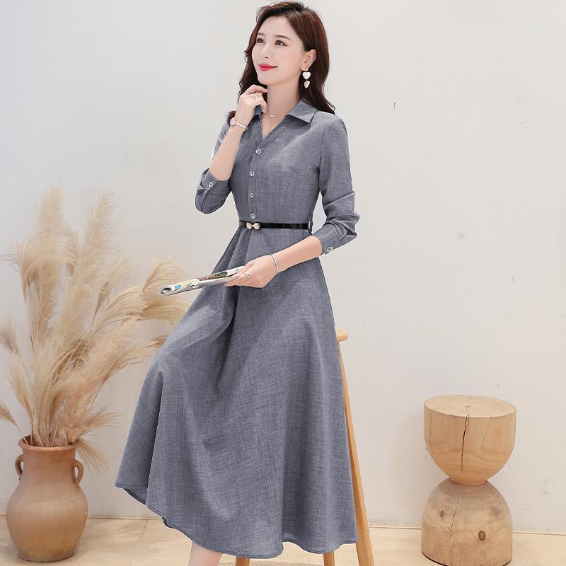 

Хлопково-льняное платье с длинным рукавом, осень 2025: Стройнящий, Стильный, Однотонный, Женская мода. 3XL