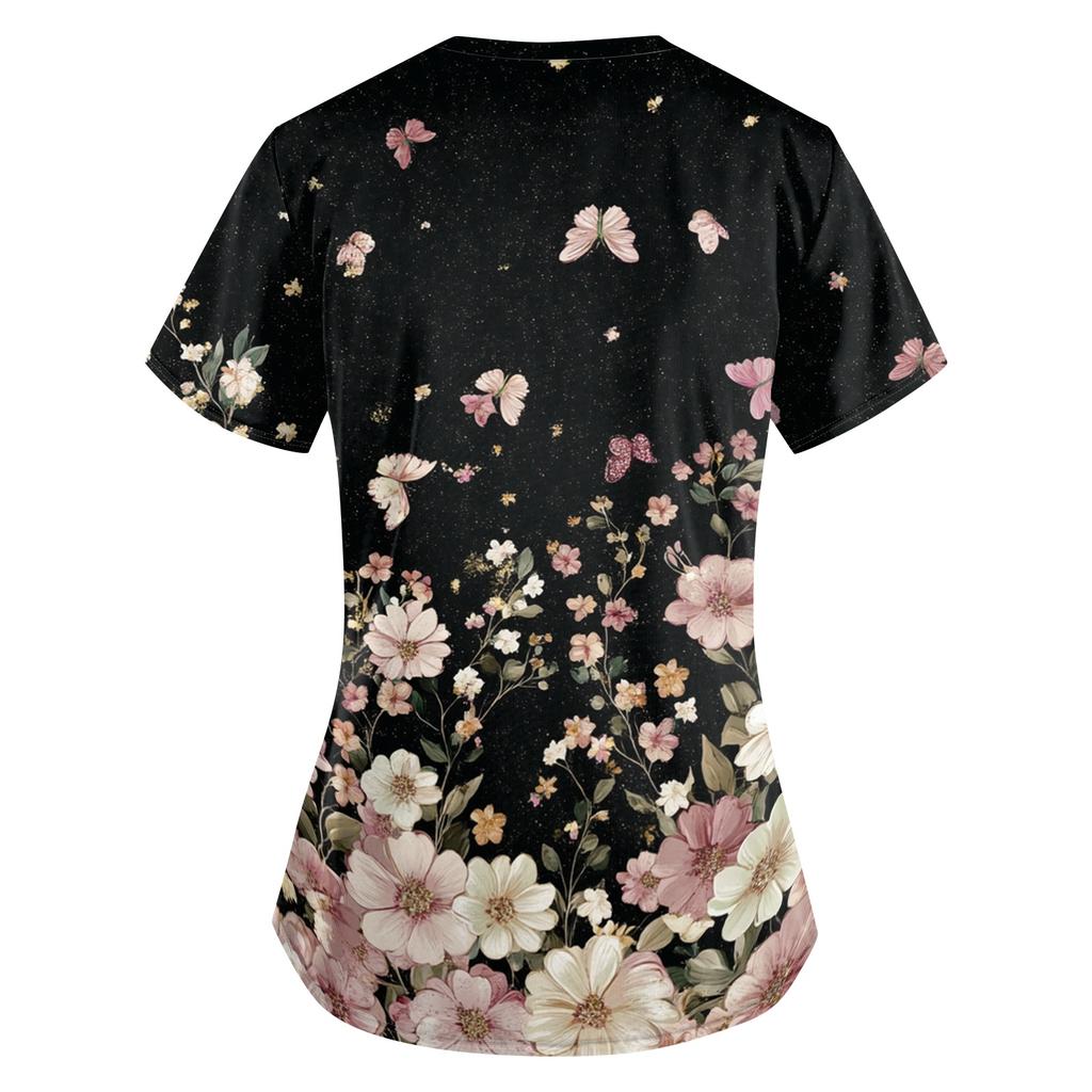 Loose Fit V Neck Short Sleeve Medical Scrub Top with Pockets for Nurses Caregivers Floral Print Comfortable Workwear