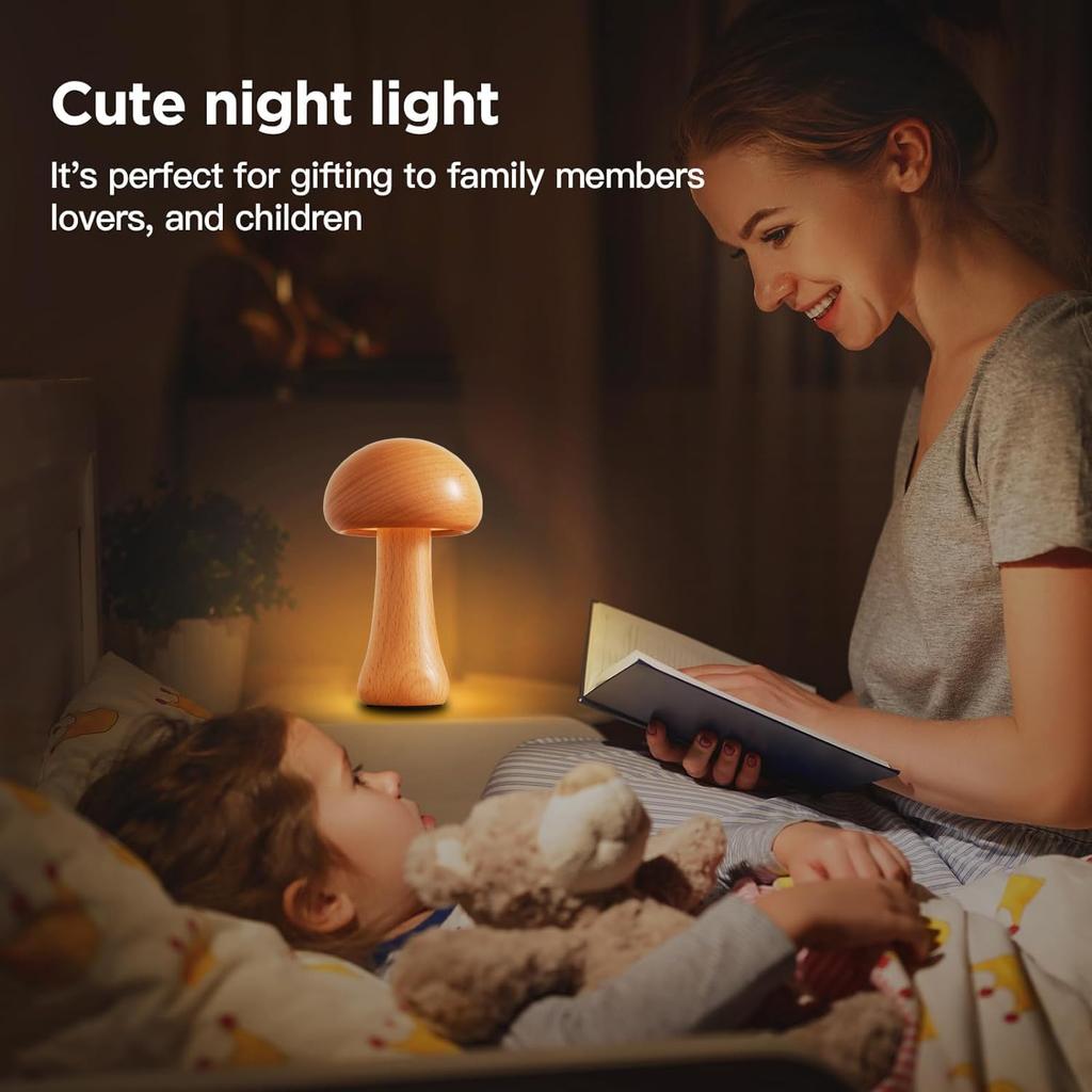 1 szt. Inteligentne sterowanie dotykowe LED Drewniane lampki nocne w kształcie grzyba Przenośna ściemnialna lampka nocna z ładowaniem USB Lampki do dekoracji domu