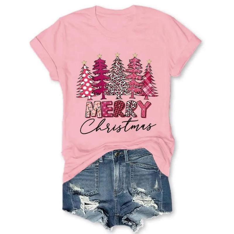 Letní dámská trička s krátkým rukávem, módní, ležérní, s 3D potiskem vánočního stromku a kulatým výstřihem