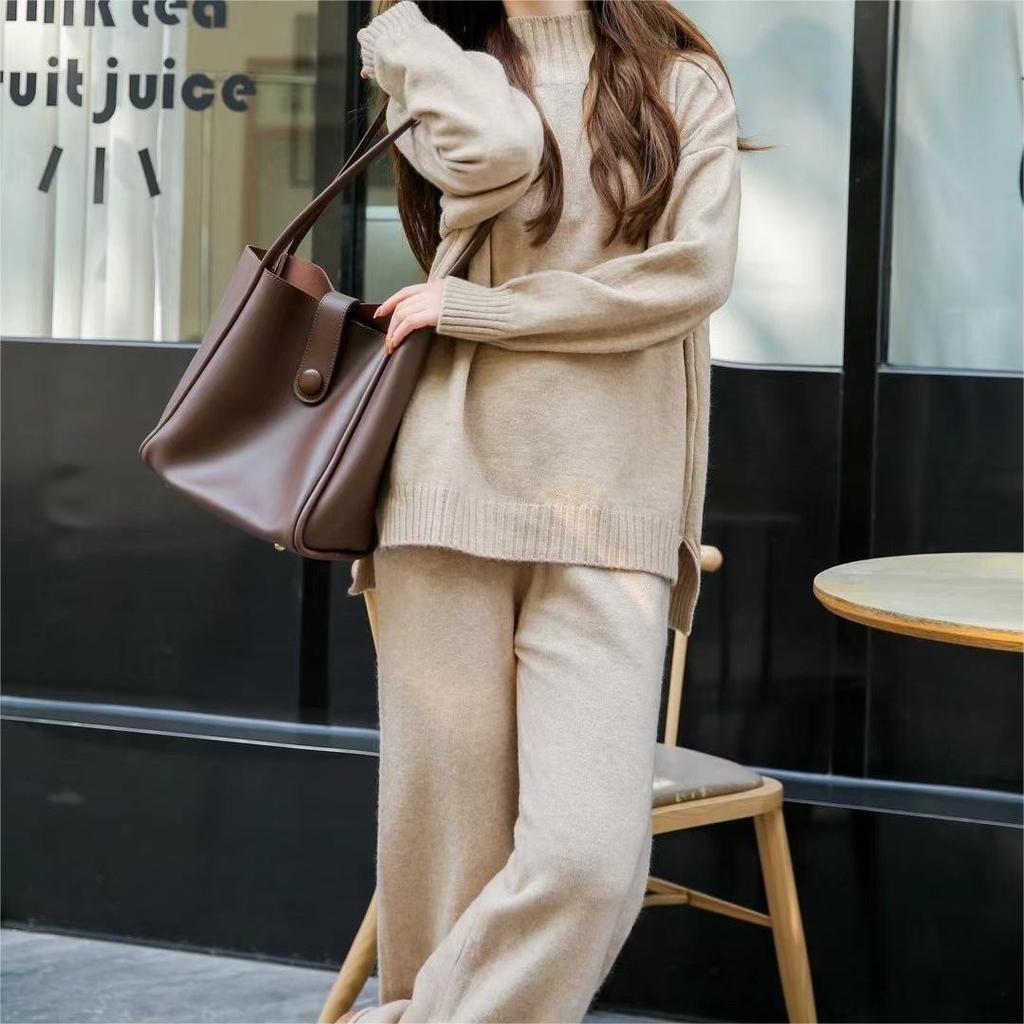 European and American autumn and winter knitted suit women's loose large-size split-ended sweater + straight wide-leg pants two-piece set
