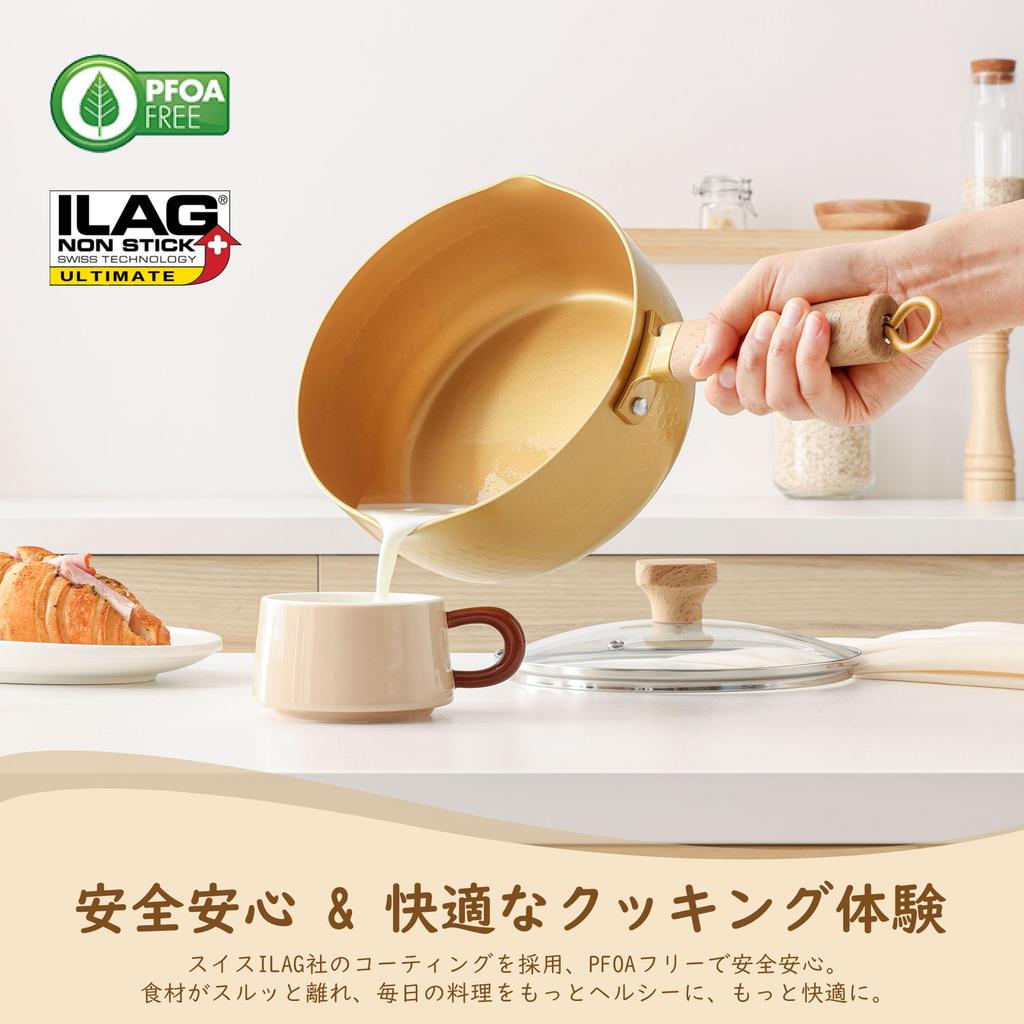 SENSARTE 20cm Yukihira Saucepan, IH/Gas Compatible, Non-stick, PFOA-Free, Glass Lid Included, Convenient Storage, Single Handle Saucepan, Milk Pan, On