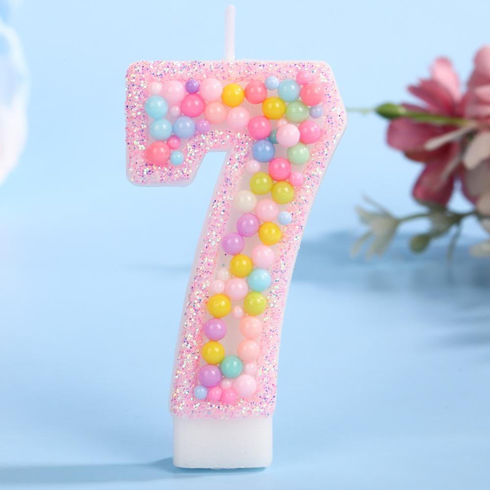 Colorful Ocean Bead Birthday Number Candle - Pink Edge Cake Decoration