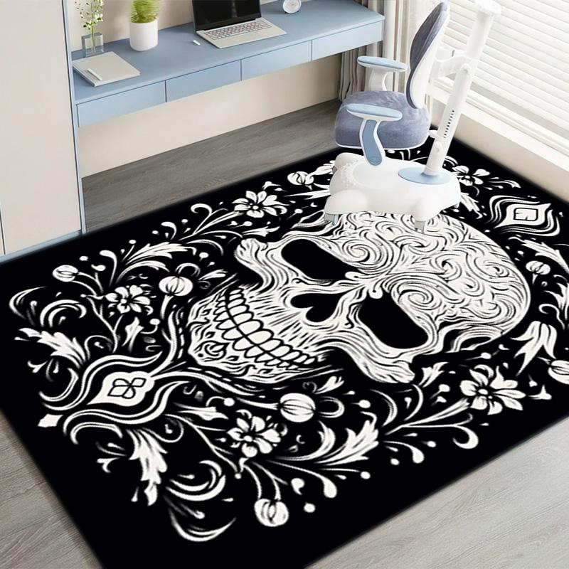 1PC Skull Dark Gothic Pattern Printed Carpet Rug for Living Room Bedroom Home Sofa Decoration,Non-slip Floor Mat Floor Mat
