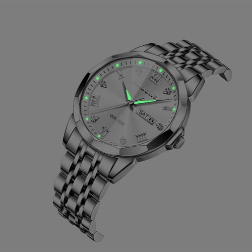 PINDOWS Men's Diamond Business Dress Analog Quartz Watch, Luxury Waterproof Luminous Date Display, Two-Tone Stainless Steel Band, Classic Fashion Men'