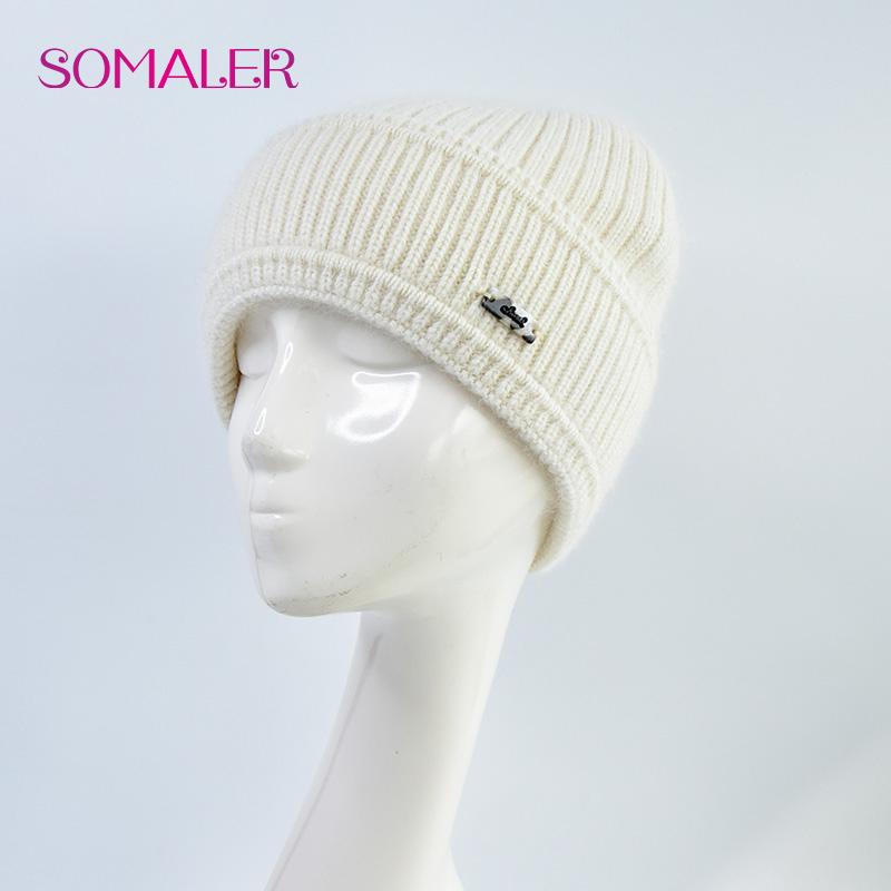 SOMALER Women's Autumn Winter Angora Knit Beanie Hat with Folded Cuff & Metal Badge Fashion Warm Cap 54-58cm