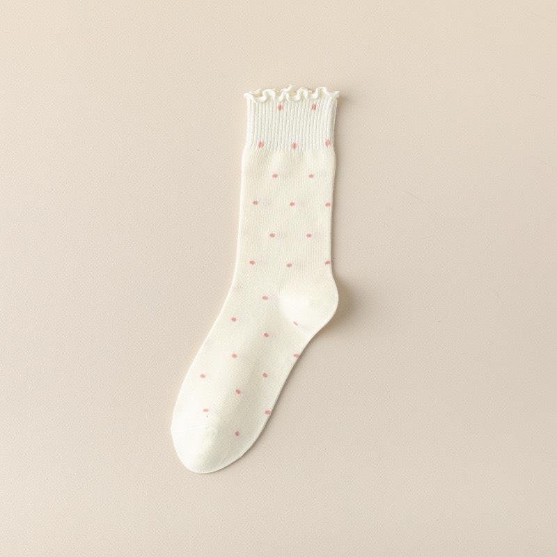 Women's Japanese Style Mid-Calf Cotton Lace Socks, Ruffle Edge, Polka Dot, Versatile for Spring to Autumn
