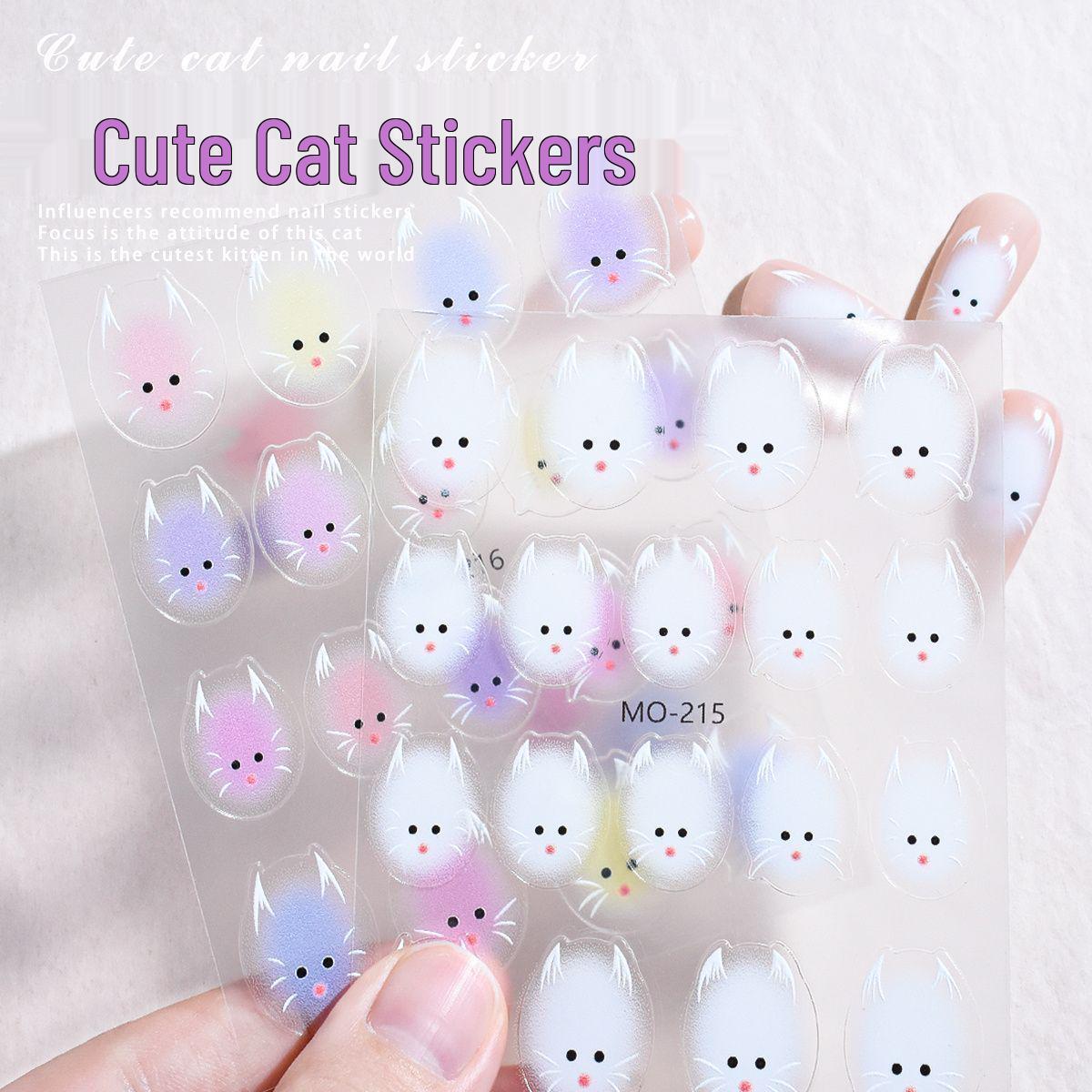 Xiaohongshu Cute Cat Nail Art Stickers - Sweet and Colorful Design White Kitten