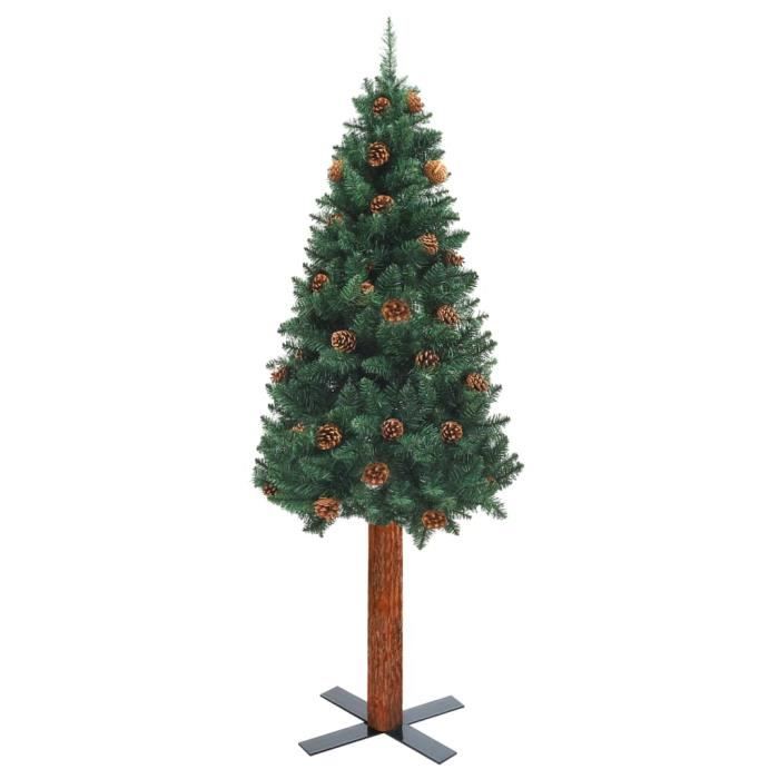 VidaXL Sapin de Noël mince avec bois véritable et cônes Vert 180cm PVC