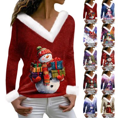 Women's T Shirt Tee Christmas Shirt Long Sleeve Party Christmas Print Fleece Collar V Neck Top