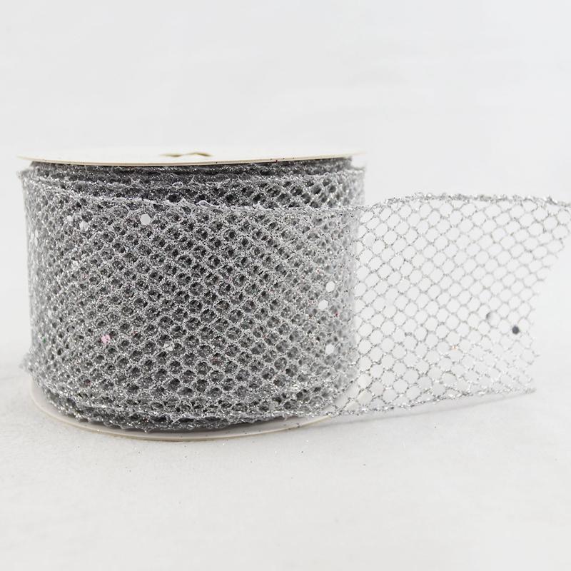 Stock Floral Polyester Mesh Ribbon in Pink Purple Blue Silver with Glitter for DIY Bows Gift Wrapping Christmas Tree Decorations