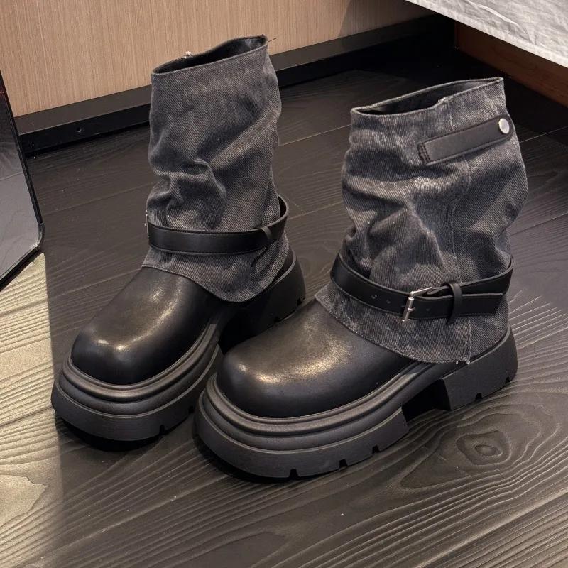 

Зимние ботильоны на платформе с толстой подошвой для женщин, дизайн с ремешком и пряжкой, панк-стиль, кожаные, современные, короткие ботильоны женские 35 чёрный