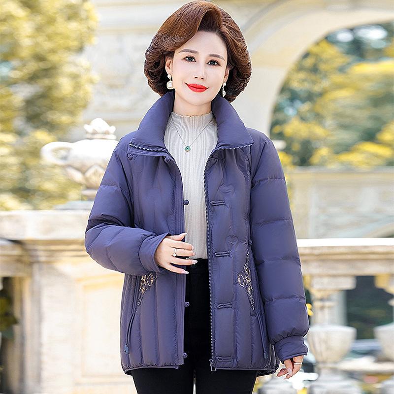Down jacket female middle-aged and elderly mother winter clothing embroidery foreign gas thickened warm grandma white duck down stand-up collar jacket