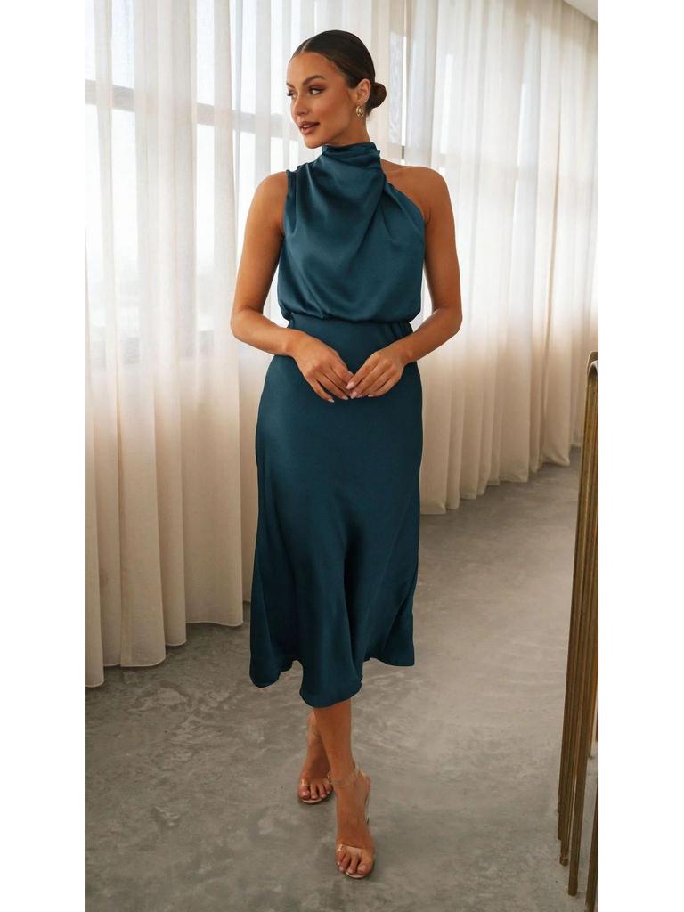 2023 Sommer Ärmelloses Neckholder Satin Kleid – Elegante Einfarbige Damenbekleidung